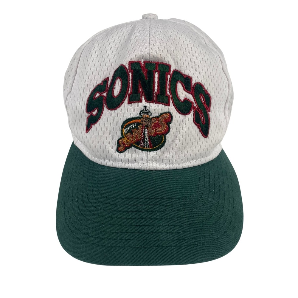Vtg Seattle SuperSonics Drew Pearson Snapback Hat 90s White Mesh Dome Sonics NBA